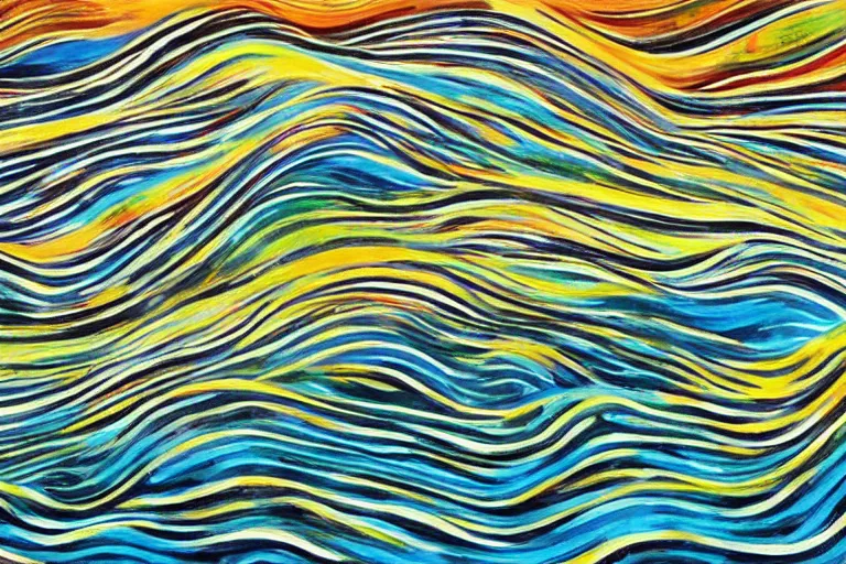 Image similar to A wild, insane, modernist landscape painting. Wild energy patterns rippling in all directions. Curves, organic, zig-zags. Mountains. Clouds. Rushing water. Waves. LSD. DMT