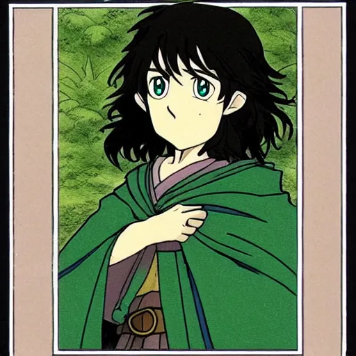 Image similar to peregrin took from the anime lord of the rings (1986), dark hair, green cape, hobbit, studio ghibli, very detailed, realistic