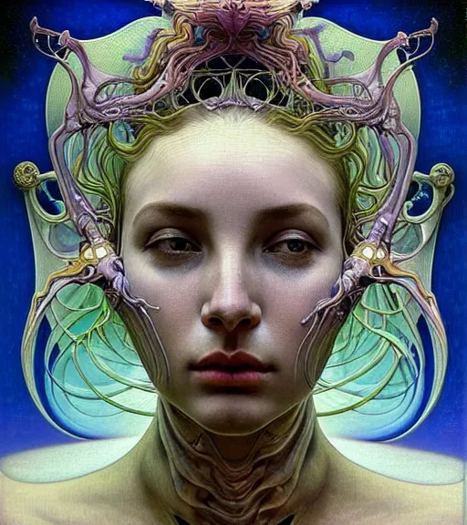 Prompt: detailed!!! realistic beautiful young groovypunk!!! queen of andromeda galaxy. face portrait. art nouveau, symbolist, visionary, baroque, giant fractal details. horizontal symmetry by zdzisław beksinski, iris van herpen, raymond swanland and alphonse mucha!!!. highly detailed, hyper - real, beautiful