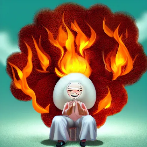 Prompt: fluffy exploding mushroom cloud as popcorn elemental spirit, in the style of a manga character, with a smiling face and flames for hair, sitting on a lotus flower, white background, simple, clean composition, symmetrical