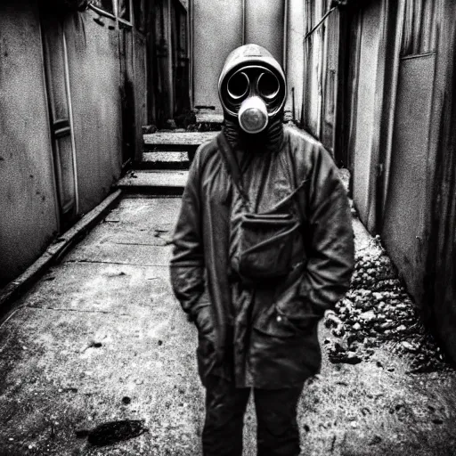 Image similar to A high quality photo of a mysterious man with a gas mask standing in the middle of a staircase alley looking in the direction of the camera :: outside, blue sky visible :: ruined city with vegetation and trees growing everywhere on the destroyed buildings :: forest :: apocalyptic, gloomy, desolate :: long shot, low angle, dramatic backlight, symmetrical, night, slightly colorful photography :: cinematic shot, highly detailed