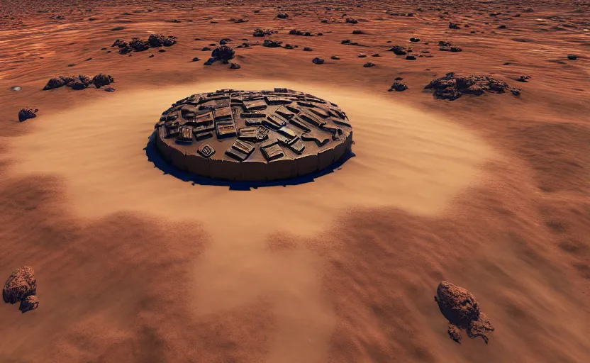 Prompt: a huge base on a desert planet, highly detailed, 8 k, hdr, award - winning, octane render, artstation, wide shot, 3 d