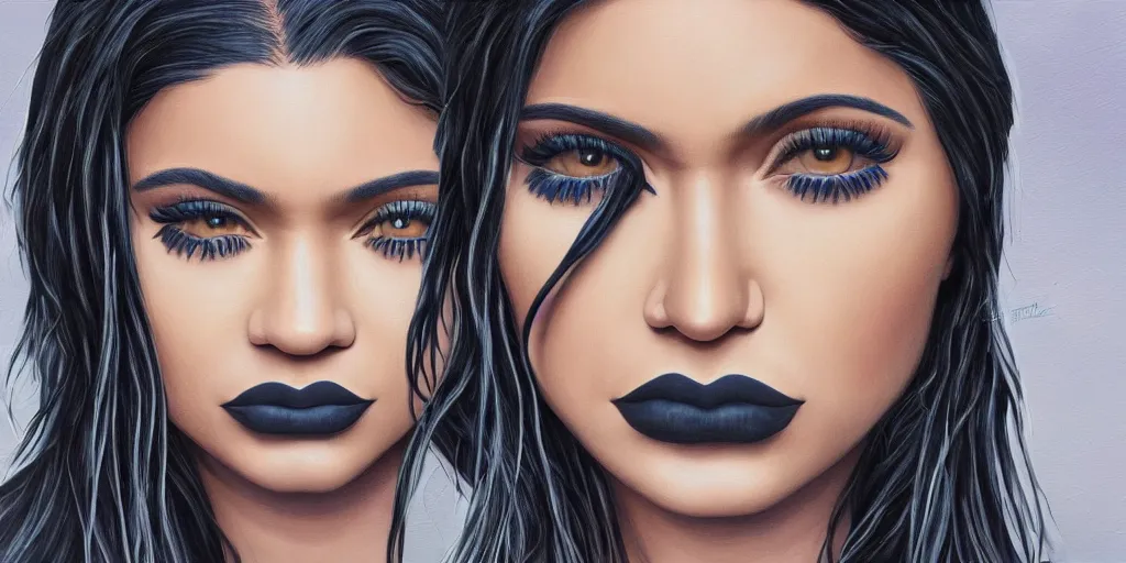 Image similar to hyper realistic kylie jenner in the style of a slipknot album cover, minimal art style, highly detailed, intricate, digital painting, artstation, 3 5 mm film grain