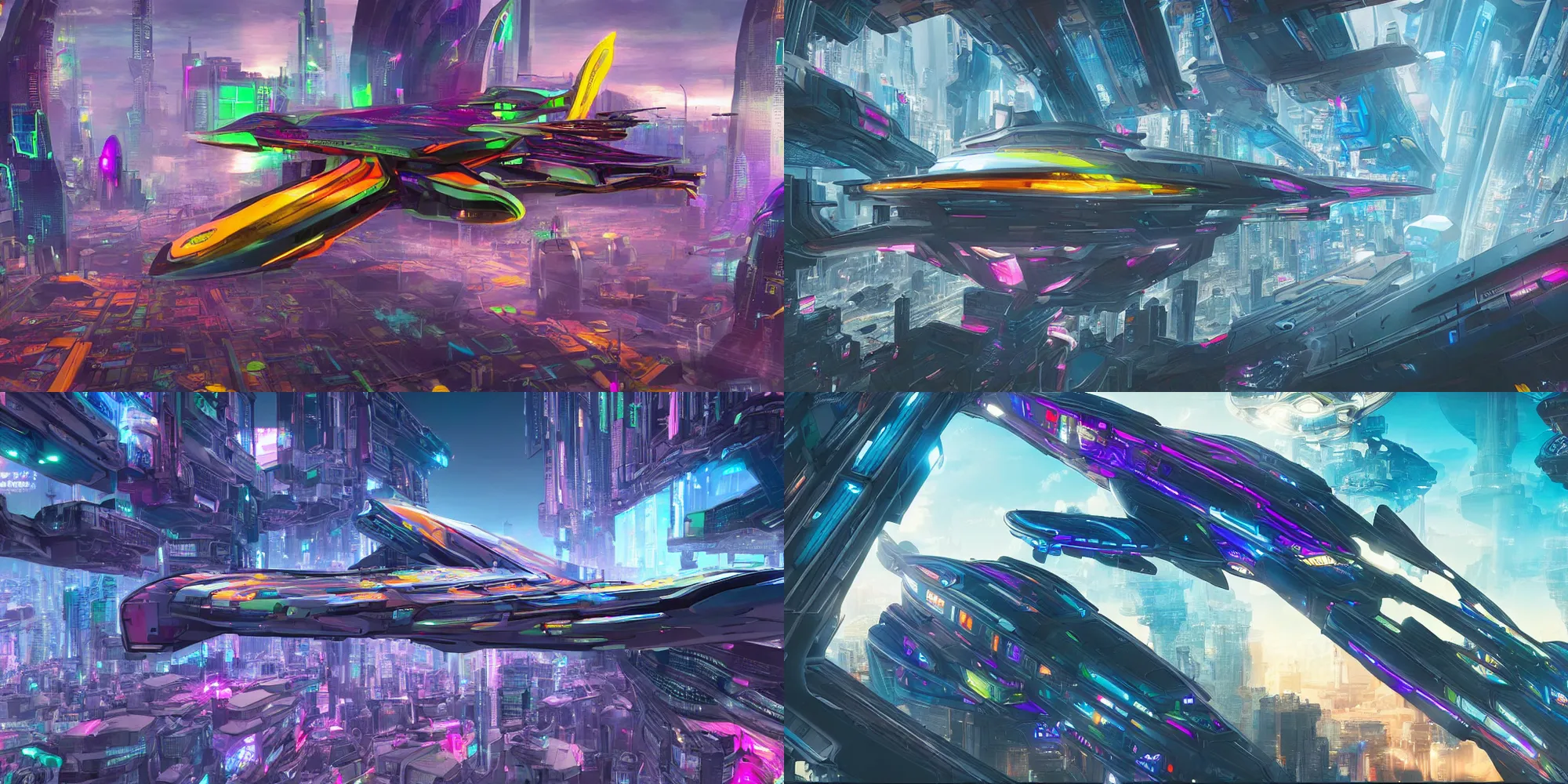 Prompt: a futuristic spaceship coming from sky into colorful cyberpunk city, highly detailed