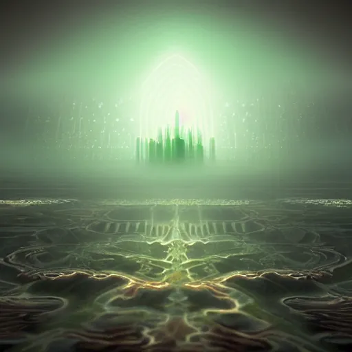 Image similar to a tiny civilization living inside a mandelbrot fractal, high tech, fog, neon, technopunk, future