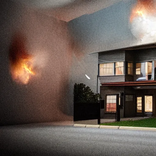 Prompt: inside view of a typical suburban house that is exploding outward onto the street very cinematic photorealism