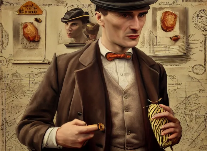 Image similar to thomas shelby in the form of a banana, lowbrow, matte painting, 3 - d highly detailed, in the style of mark ryden,