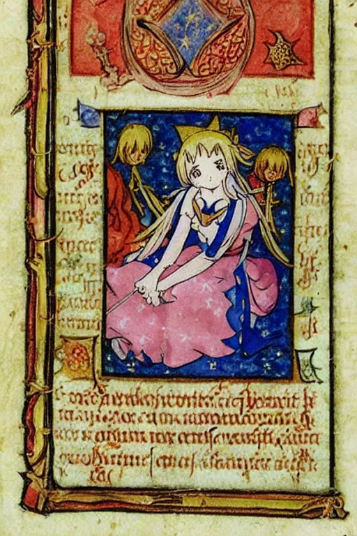 Image similar to magical girl anime madoka magika depicted in a medieval illuminated manuscript bible