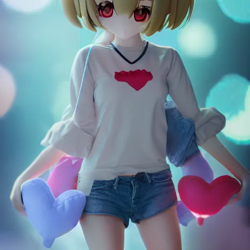 Image similar to cute fumo plush of a girl with a big heart, monstergirl, blob anime, bokeh, vray