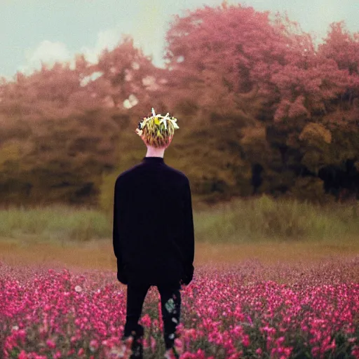 Image similar to kodak portra 4 0 0 photograph of a skinny blonde goth guy standing far back in a field of flowers, back view, flower crown, moody lighting, telephoto, 9 0 s vibe, blurry background, vaporwave colors, faded!,