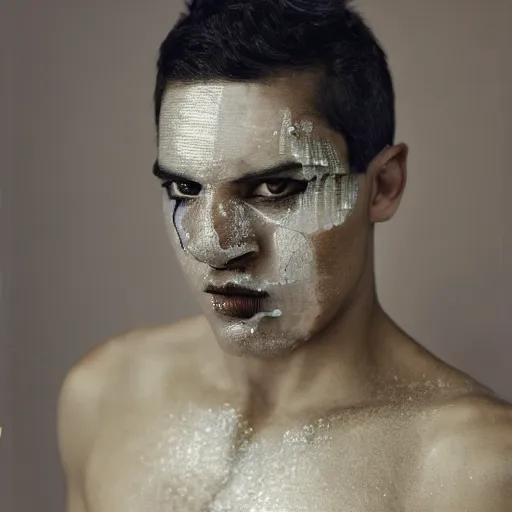 Image similar to a close up portrait of a beautiful athletic young persian male with his face covered in silver leaf , photographed by erwin olaf, artistic