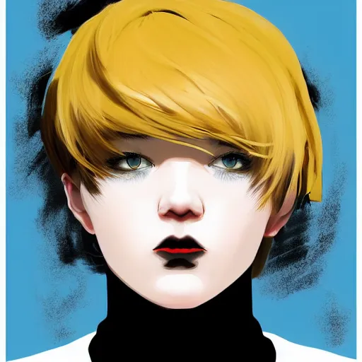 Prompt: ilya kuvshinov with long sky blue hair, gold eyes, amber eyes, boyish face, professional digital painting, wild brush strokes, concept art, award - winning photography, cinematic, black background, black shirt, crazy, yandere, wlop, color block, pop, hip, art by andy warhol, pixiv art, yoshitaka amano