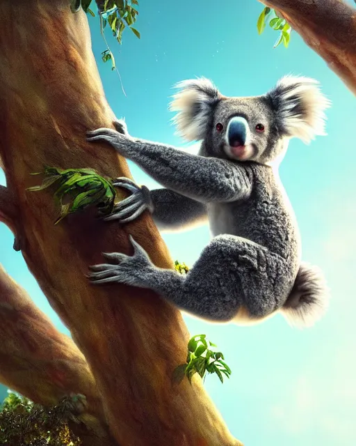 Image similar to movie still macro close photo of koala jumping from tree onto tourist, by weta disney pixar greg rutkowski wlop ilya kuvshinov rossdraws artgerm octane render iridescent, bright morning, liosh, mucha