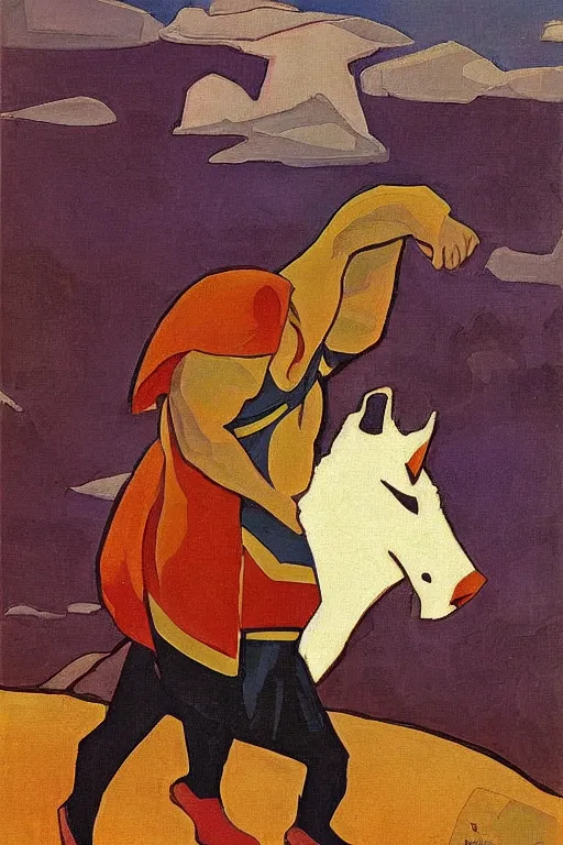 Prompt: thor with hummer, marvel, artwork by nicholas roerich,