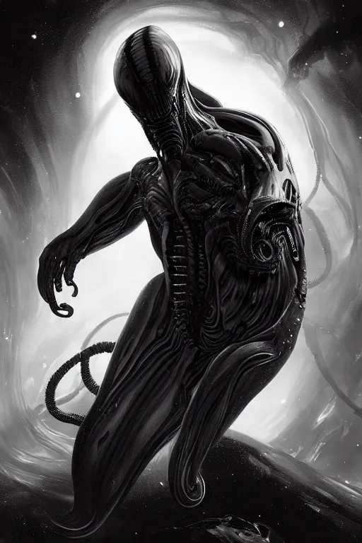 Image similar to black and white, deep space, nebula, giant xenomorph alien mixed with sharks extra teeth, tentacles, highly detailed, digital painting, artstation, concept art, smooth, sharp focus, illustration, unreal engine 5, 8 k, art by carlos huante and greg rutkowski and alphonse mucha and ifbb pro fitness photograph