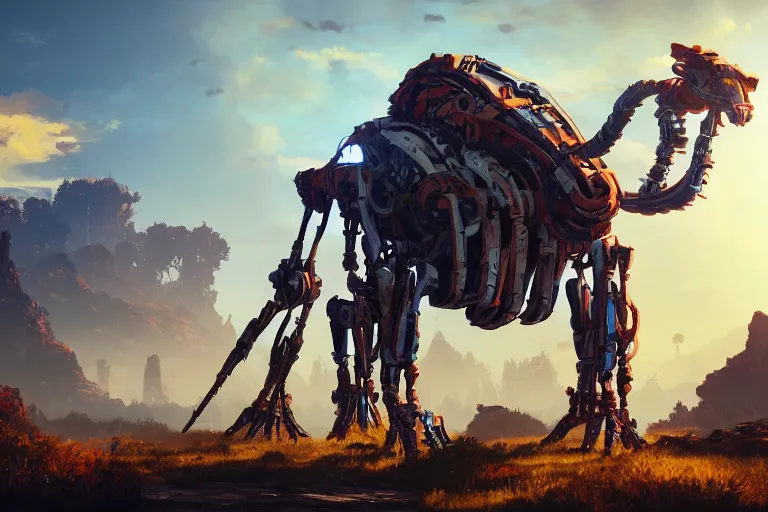 Prompt: tallneck machine mecanical creature robot of horizon forbidden west horizon zero dawn radiating a glowing aura global illumination ray tracing hdr fanart arstation by ian pesty and alena aenami artworks in 4 k