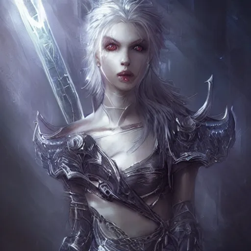 Image similar to kerli koiv as a paladin, darkwave, darksynth, concept headshot art, sharp, digital matte painting, art by luis royo, greg rutkowski, wlop, dramatic lighting, trending on artstation