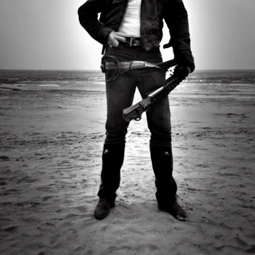 Image similar to gunslinger standing on a beach, a lone standing door