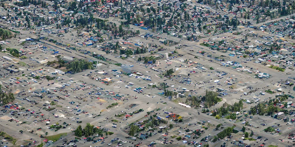 Prompt: bird's eye view of a city, trailer park, a road, bridge, and shipping dock area. town hall. photography