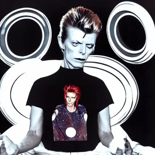 Prompt: david bowie wearing a yinyang dao symbol shirt performing on top of a spaceship in deep space, realistic