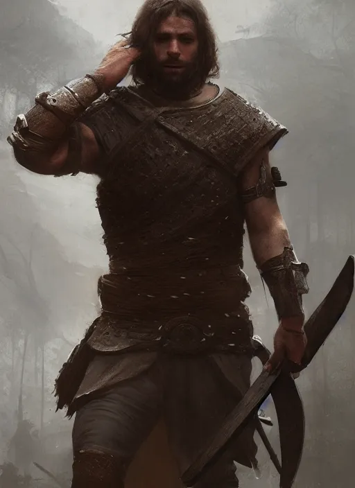 Prompt: medium shot of male medieval warrior walking, brown hair, dirty face, realistic cinematic lighting, photorealistic, reflections, glistening, sweat, greg rutkowski, wlop, ruan jia, artgerm, craig mullins, pixiv, artstation, octane renderer