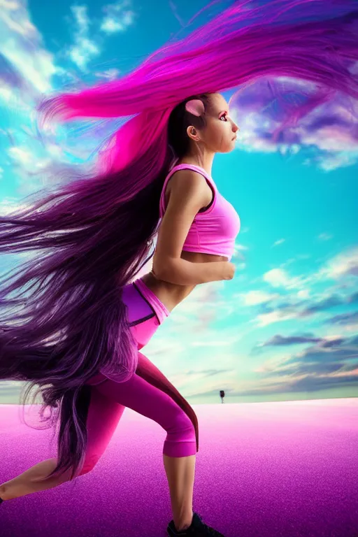 Image similar to a award winning half body shot of a beautiful woman in a croptop and leggings with a ombre purple pink teal hairstyle with head in motion and hair flying, outrun, vaporware, highly detailed, fine detail, intricate