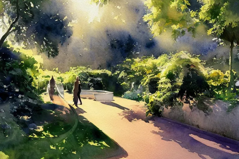 Prompt: small centered on watercolor paper, paint brush strokes, abstract watercolor painting of tennis court, daylight, shadows, covering foliage over luxurious pathway, sunlight shining through, translucent leaves, cinematic light, national romanticism by hans dahl, by jesper ejsing, by anders zorn, by greg rutkowski, by greg manchess, by tyler edlin