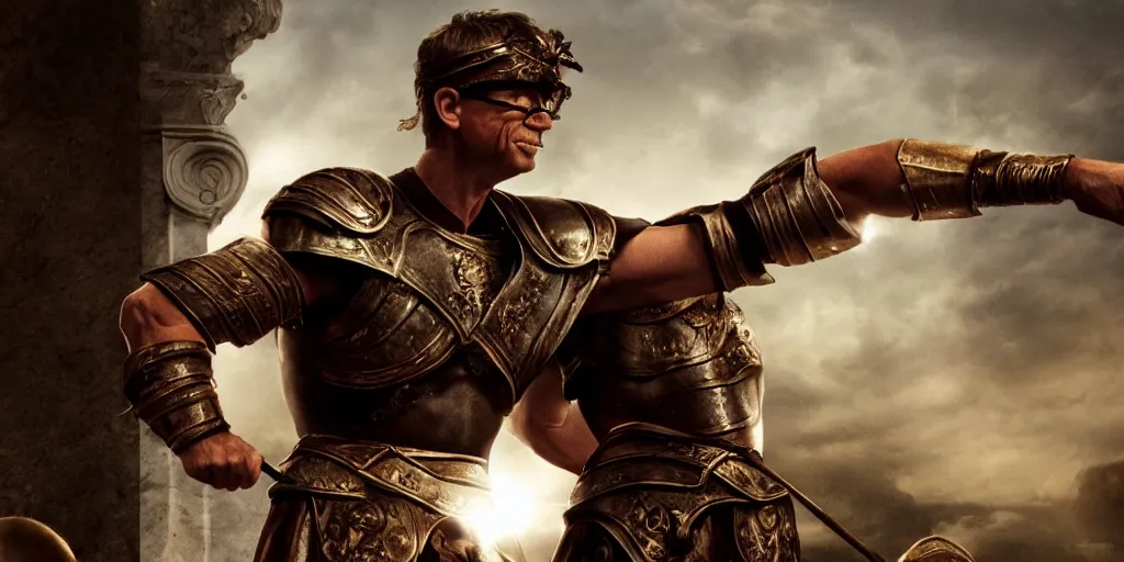 Image similar to bill gates as a glorious buff roman warrior, cinematic, dramatic lighting