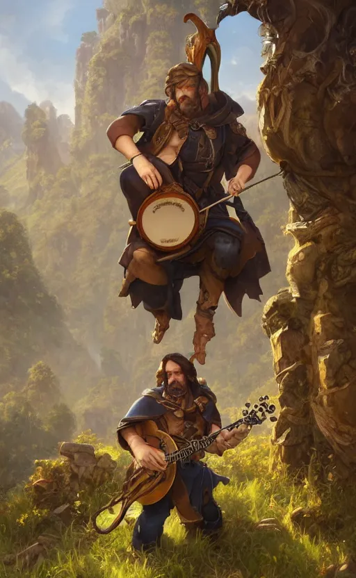 Image similar to male bard, playing the banjo, ruins landscape, d & d, fantasy, intricate, highly detailed, digital painting, artstation, octane render, concept art, matte, sharp focus, illustration, hearthstone, art by artgerm and greg rutkowski and alphonse mucha