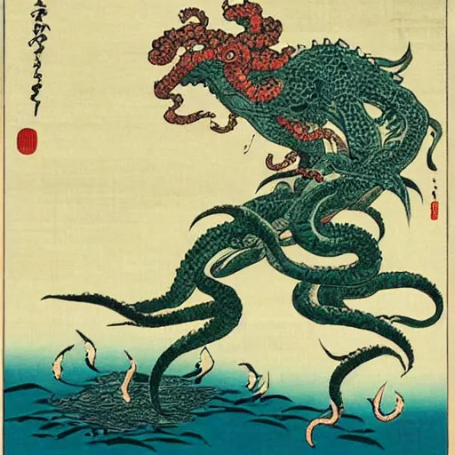 Image similar to ukiyo-e of Cthulhu rising from the depths