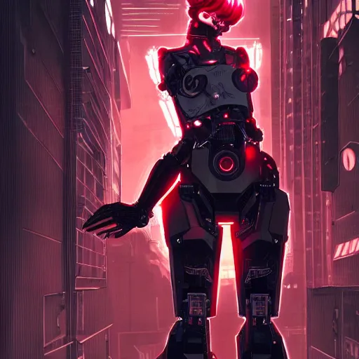 Image similar to character with short white hair who is half machine, robotic arm, overlooking city, neonpunk, dystopian, scifi, intricate, detailed red lighting, digital art, trending on artstation