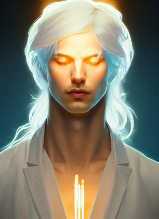 Image similar to symmetry!! portrait of man wearing white clothes with long flaming blue hair, sci - fi, glowing lights!! intricate, elegant, highly detailed, digital painting, artstation, concept art, smooth, sharp focus, illustration, art by artgerm and greg rutkowski and alphonse mucha, 8 k