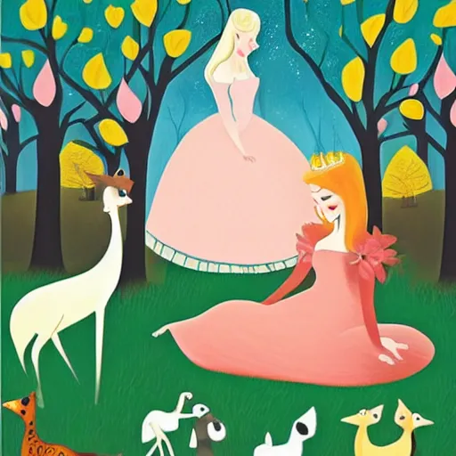 Prompt: offhand, dull by debbie criswell. a beautiful illustration of princess aurora singing in the woods while surrounded by animals. she looks so peaceful & content in the company of the animals, & the colors are simply gorgeous.