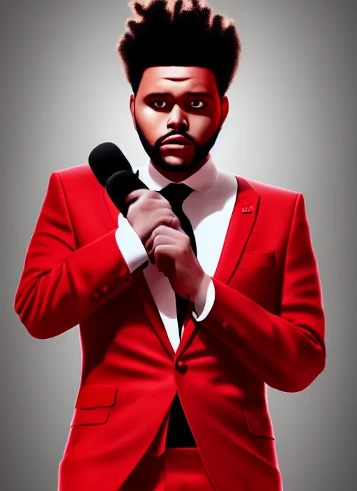 Prompt: a portrait of The Weeknd with a red suit, digital art, beautiful digital art, 4k, hd, artstation