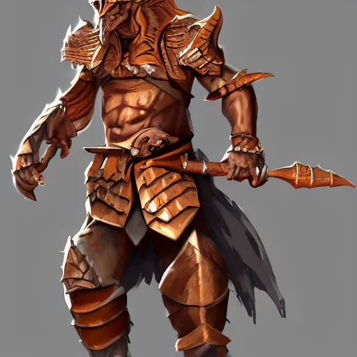 Prompt: concept art of a copper dragonborn barbarian with a lot of battlescars, character design, concept art, render, full-body turnaround, trending on artstation