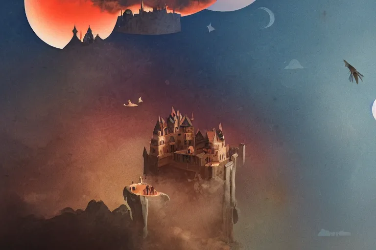 Prompt: a castle above the clouds, sunset, celestial birds, upside down waterfall of blood, mini planets, toumas korpi