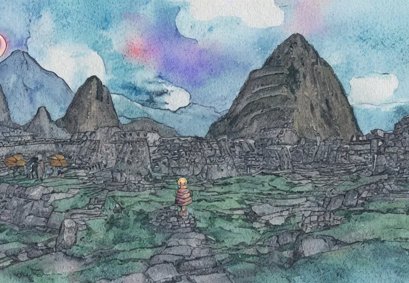 Image similar to a cell - shaded watercolor concept art from a studio ghibli film showing one giant grey alien. a temple is under construction in the background in machu pichu on a misty and starry night. by studio ghibli. very dull muted colors