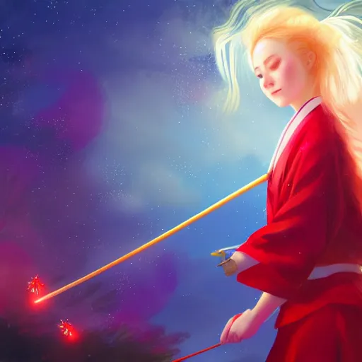 Image similar to colorful and festive captivating teenager girl with blonde hair, red japanese traditional clothes, shooting a firework with bow and arrow at the sky. rich vivid colors, ambient lighting, dynamic lighting, 4 k, atmospheric lighting, painted, intricate, highly detailed by charlie bowater