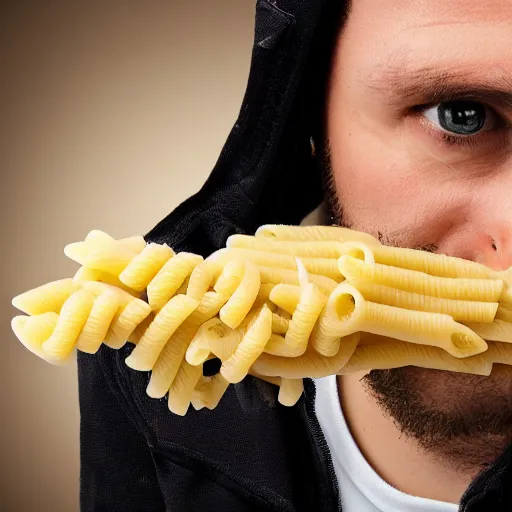 Image similar to long shot photograph of a human made of penne pasta carrying a glock-19, 4k, ultra HD