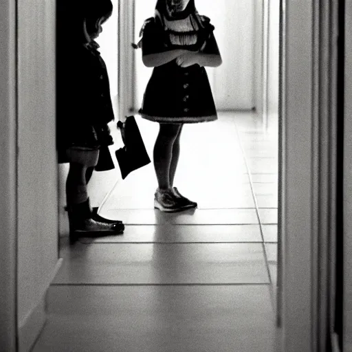 Image similar to two little girls staring at you from the hotel hallway, from the movie the shining