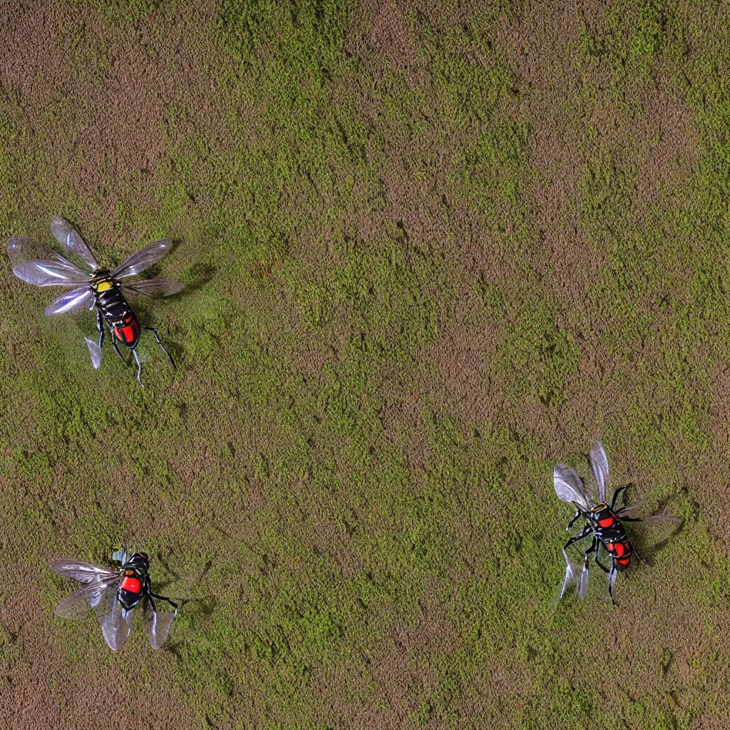 Image similar to biomimetic dronecraft flying over a food forest, killing wasps with a laser in the australian desert, XF IQ4, 150MP, 50mm, F1.4, ISO 200, 1/160s, natural light