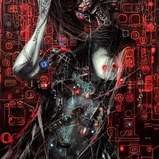 Image similar to depraved cybernetic vampire trapped in circuitry, intricate detail, miro, royo, whealan,