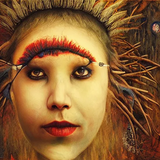 Image similar to A young blindfolded shaman woman with a decorated headband from which blood flows, in the style of heilung, blue hair and wood on her head. The background is a forest on fire, made by Esao Andrews and Karol Bak and Zdzislaw Beksinski,