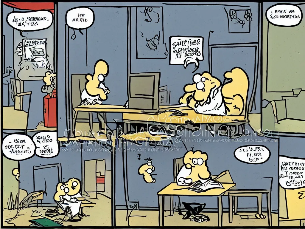 Prompt: cartoon illustration of a ghost writing a book, one panel comic, by Jim Davis