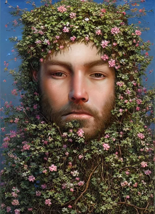 Image similar to a man with a flowery bush instead of a head, intricate roots, highly detailed, concept art, hyperrealistic, oil painting by greg staples, 8 k