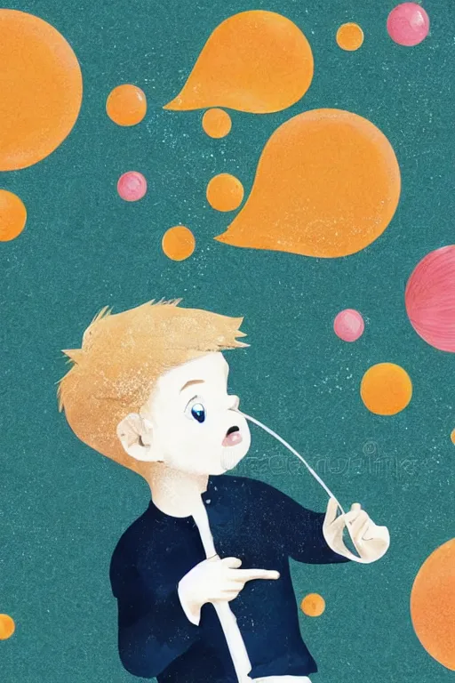 Image similar to a little boy with ginger hair chasing bubbles. clean elegant simple illustration, beautiful detailed face.