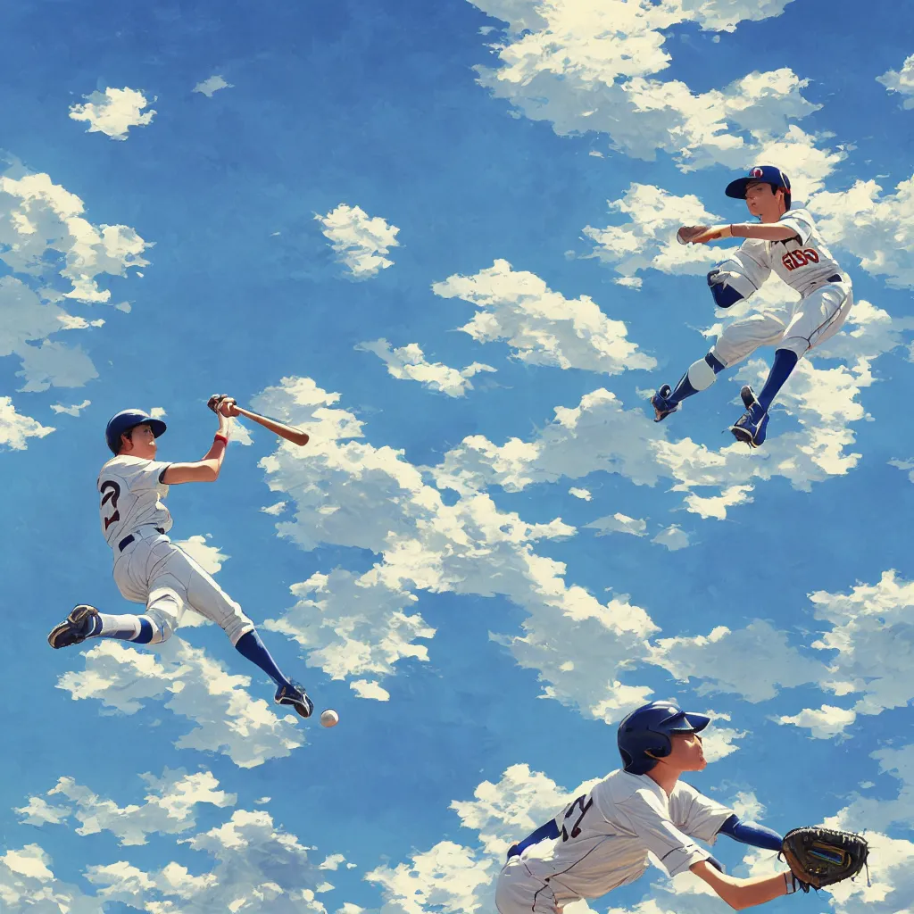 Prompt: poster of young baseball player winning in koshien stadium, blue sky and white clouds, the feeling of summer, intricate, highly detailed, digital painting, artstation, concept art, sharp focus, illustration, art by makoto shinkai, lois van baarle, ilya kuvshinov, greg rutkowski and alphonse mucha, 8 k