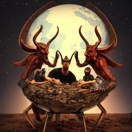 Image similar to a very detailed photo of satan sitting on earth globe, with baphomet and lucifer, creepy, godrays, studio photo, highly detailed, artstation, trending,