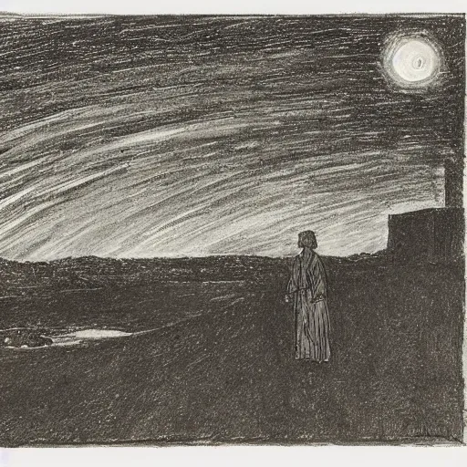 Image similar to by gerhard munthe tired, ghastly. a beautiful drawing featuring a night sky filled with stars, & a small town in the distance. the drawing is very peaceful & calming