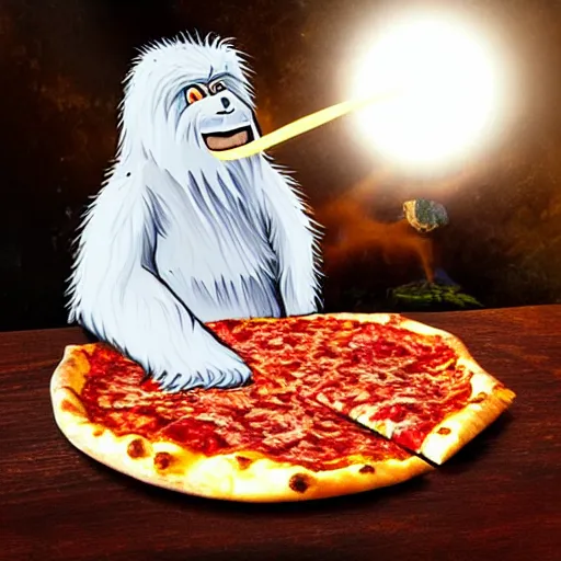 Image similar to friendly wizard yeti eating pizza